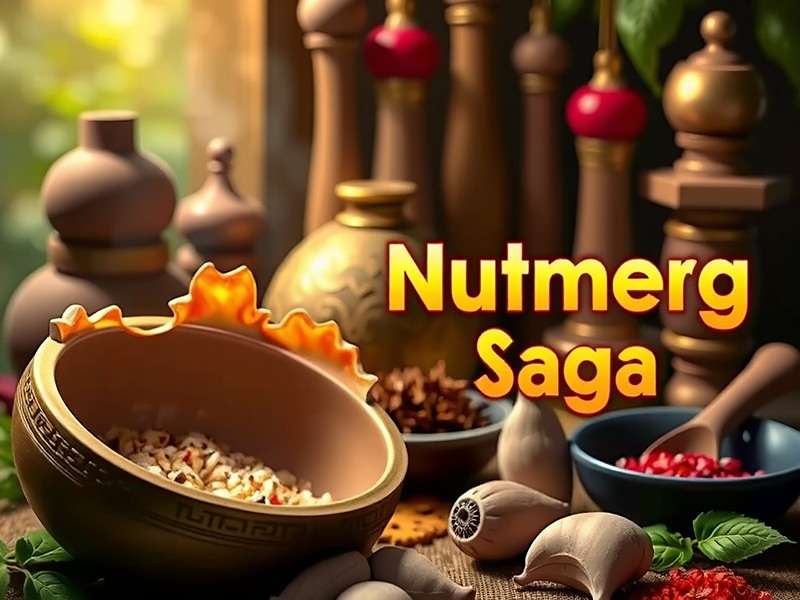 Nutmeg Saga Game Cover Art with Indian spices and culinary scenes